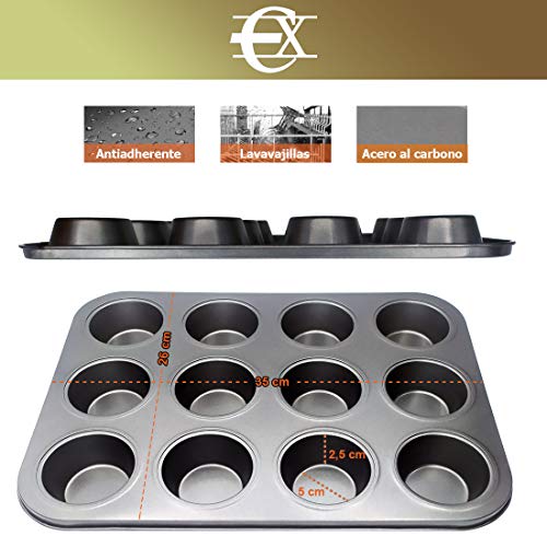 EUROXANTY® Moldes de Horno para 12 Magdalenas y Muffins | Acero al Carbono con Recubrimiento Antiadherente Fácil Limpieza