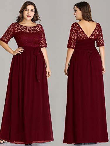 Ever-Pretty A-línea Encaje Talla Grande Vestido de Fiesta Cuello Redondo Largo para Mujer Borgoña 52