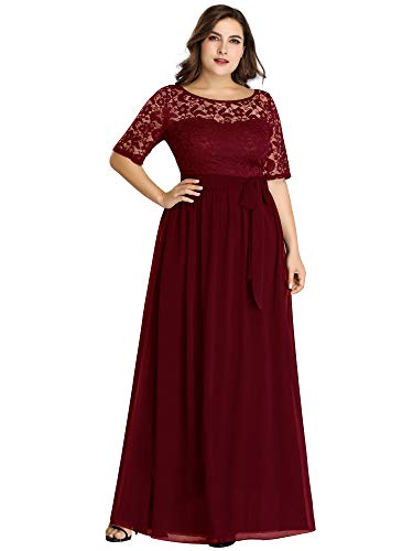 Ever-Pretty A-línea Encaje Talla Grande Vestido de Fiesta Cuello Redondo Largo para Mujer Borgoña 52