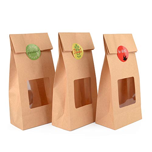 ewtshop® - 48 bolsas de papel de estraza con ventana, formato 27 x 10,5 x 6,5 cm, bolsas de regalo para galletas, cosas de picar, peluches u otros muchos regalos