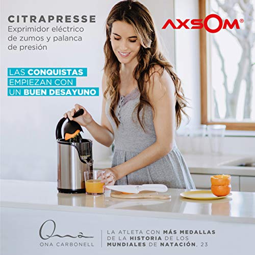 Exprimidor de Zumo por Presión Citrapresse de Axsom, Exprimidor Eléctrico de Naranjas con Mango Ergonómico, Exprimidor con Sistema Antigoteo de 100W.