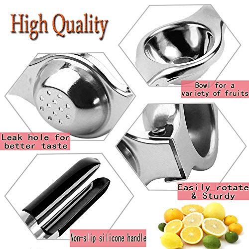 Exprimidor manual de limón de acero inoxidable, extractor de jugo Exprimidor de frutas cítricas de lima de una sola mano con mango de silicona (negro)