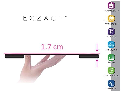 Exzact Báscula Corporal Electrónica/Báscula de Baño Digital/Escala Personal - Ultra Delgada 1.7 CM Espesor -150 kg / 330 LB - Plataforma de Vidrio de Color (Negro)