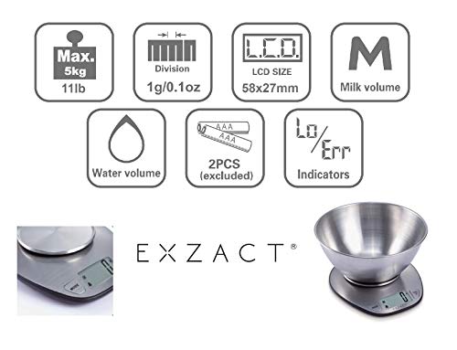 Exzact Básculas de Cocina/Balanza Electrónica/Escala Electrónica con Pantalla Grande y con Cuenco de Acero Inoxidable - 5kg/11lb (EX4350)