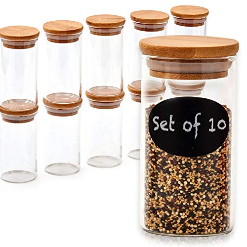 EZOWare 10 Pcs Tarros de Vidrio, Pequeños Frascos con Tapa Hermética de Madera Bambú y Etiquetas para Almacenaje y Conservar Alimentos, Especias, uso en Cocina, Baño, Decorativo - 200ml