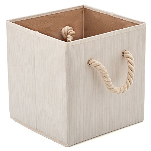 EZOWare 4 pcs Cajas de Almacenaje, Cubo Decorativa de Tela Plegable Resistente Con Manijas para Ropa, Juguetes, Armario, Dormitorio, Estanterías y Mas - (26.7 x 26.7 x 28 cm) (Beige bambú)