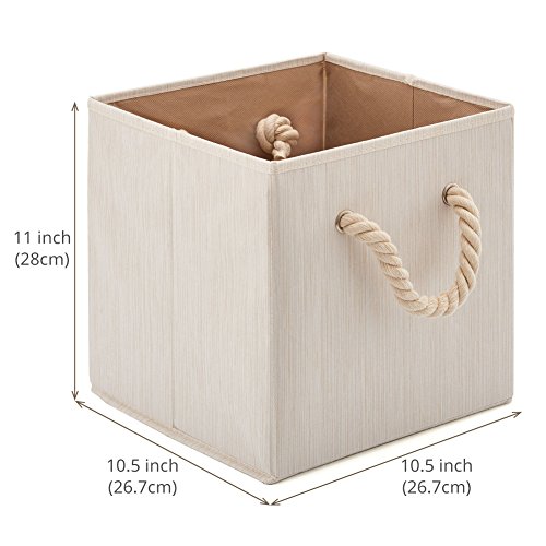 EZOWare 4 pcs Cajas de Almacenaje, Cubo Decorativa de Tela Plegable Resistente Con Manijas para Ropa, Juguetes, Armario, Dormitorio, Estanterías y Mas - (26.7 x 26.7 x 28 cm) (Beige bambú)