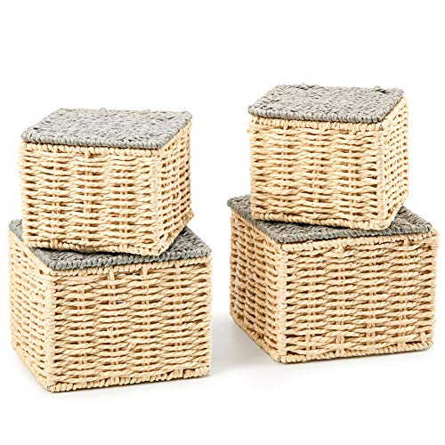 EZOWare 4 pcs Cestas de Almacenaje Multiuso, Cajas Organizadoras con Tapa de Cuerda de Papel Retorcido con Efecto de Mimbre para Cocina, Baño - Gris y Beige, 2 Tamaños