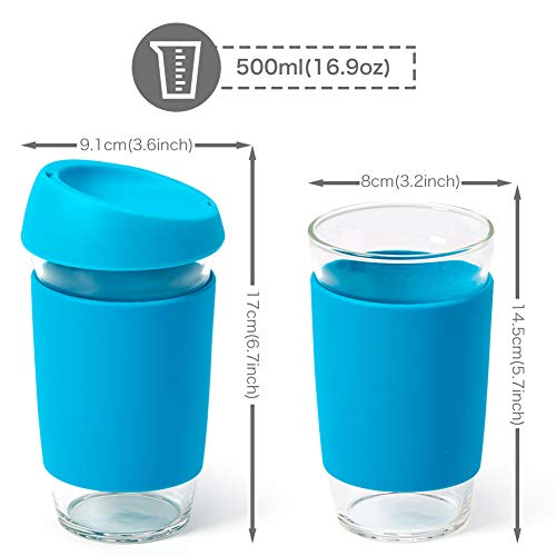 EZOWare 500ml Tazas de Café Reutilizables para Llevar, Vasos de Viaje en Cristal con Funda y Tapa de Silicona para Bebidas Calientes o Heladas, Café, Bebidas, Te - Set de 4, Colores Variados