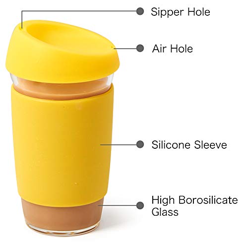 EZOWare 500ml Tazas de Café Reutilizables para Llevar, Vasos de Viaje en Cristal con Funda y Tapa de Silicona para Bebidas Calientes o Heladas, Café, Bebidas, Te - Set de 4, Colores Variados