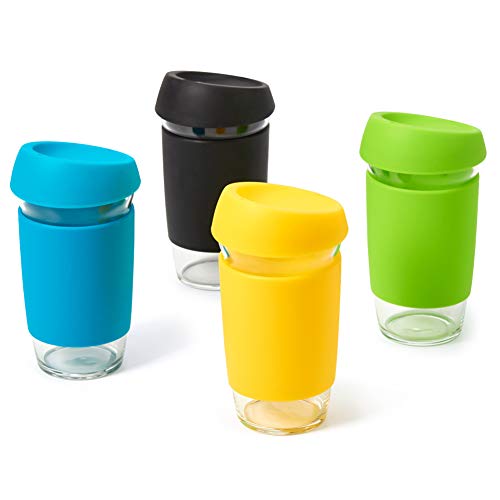 EZOWare 500ml Tazas de Café Reutilizables para Llevar, Vasos de Viaje en Cristal con Funda y Tapa de Silicona para Bebidas Calientes o Heladas, Café, Bebidas, Te - Set de 4, Colores Variados