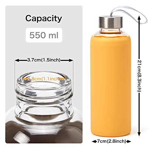 EZOWare Botella de Agua de Cristal, 550ml Sport Botella Reutilizable de Vidro Borosilicato con Funda Siliconia y Tapa de Acero Inoxidable - Amarillo