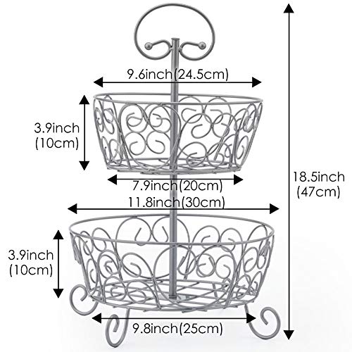 EZOWare Frutero de 2 Pisos Redondo, Organizador de Encimeras Metal Decorativo para Frutas, Verduras, Bocadillos, Artículos para el Hogar - Plata