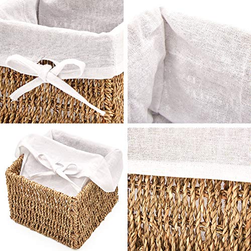 EZOWare Set de 4 Cestas de Almacenamiento de Mimbre de Natural Algas Marinas, Caja Organizadora Decorativo con Forro de Tela Extraíble Ideal para Baño, Cocina o Decoración del Hogar - 18 x 18 x 14 cm