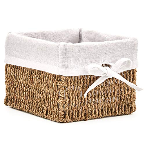 EZOWare Set de 4 Cestas de Almacenamiento de Mimbre de Natural Algas Marinas, Caja Organizadora Decorativo con Forro de Tela Extraíble Ideal para Baño, Cocina o Decoración del Hogar - 18 x 18 x 14 cm