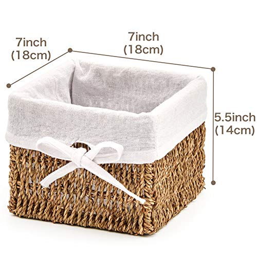 EZOWare Set de 4 Cestas de Almacenamiento de Mimbre de Natural Algas Marinas, Caja Organizadora Decorativo con Forro de Tela Extraíble Ideal para Baño, Cocina o Decoración del Hogar - 18 x 18 x 14 cm