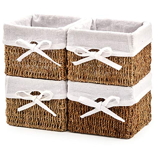 EZOWare Set de 4 Cestas de Almacenamiento de Mimbre de Natural Algas Marinas, Caja Organizadora Decorativo con Forro de Tela Extraíble Ideal para Baño, Cocina o Decoración del Hogar - 18 x 18 x 14 cm