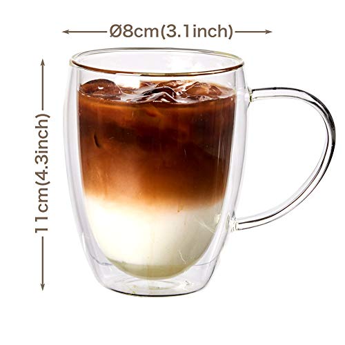 EZOWare Tazas de Cafe de Vidrio Doble Pared, Vasos de Cristal Térmicos con Mango para Bebidas Calientes o Heladas, Café de Leche, Macchiato, Vino, Te - Set de 4, 350ml