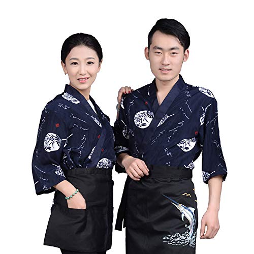 EzzySo Impreso Japonesa Sushi Chef Ropa Ropa de camareros de Restaurante Ropa de Trabajo Hombres y Mujeres japoneses de Cocina Kimono,Azul,XL