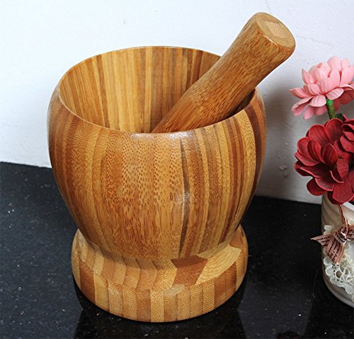 fablcrew 1pcs mortero y pilón (madera y bambú natural de utensilios de cocina para pimenter jengibre hierba la semilla ajos