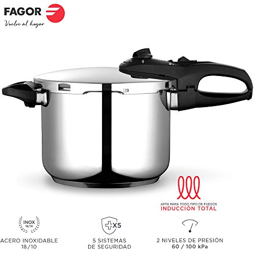 Fagor Duo Olla a presión Super rápida, Acero Inoxidable 18/10, Todo Tipo de cocinas, INDUCCION Total. Fondo termodifusor IMPAKSTEEL máxima Resistencia, 5 Sistemas Seguridad, 2 Niveles de presión (4L)