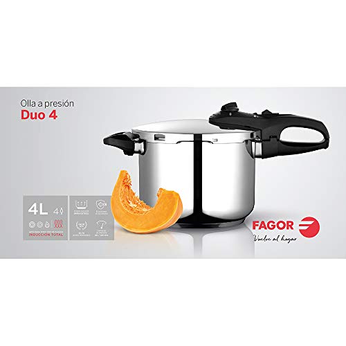 Fagor Duo Olla a presión Super rápida, Acero Inoxidable 18/10, Todo Tipo de cocinas, INDUCCION Total. Fondo termodifusor IMPAKSTEEL máxima Resistencia, 5 Sistemas Seguridad, 2 Niveles de presión (6L)