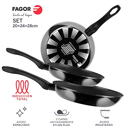 Fagor SARTEN INDUTHERM. Sartén Antiadherente Doble Capa, Acero esmaltado de 1,5mm de Espesor, 5 Capas de Recubrimiento, Compatible con Toda Clase de Cocina, inducción. Apta lavavajillas (20+24+28)