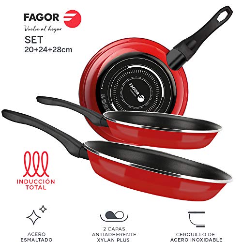 Fagor SARTEN OPTIMAX. Sartén Antiadherente Doble Capa, Acero esmaltado de 1,5mm de Espesor, Compatible con cocinas inducción, cerquillo de Acero Inoxidable. Apta lavavajillas (SARTEN ROJA, 20+24+28)