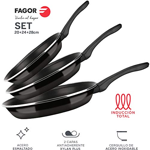 Fagor SARTEN OPTIMAX. Sartén Antiadherente Doble Capa, Acero esmaltado de 1,5mm de Espesor, Compatible con Toda Clase Cocina, inducción, cerquillo de Acero. Apta lavavajillas (SARTEN, 20+24+28)