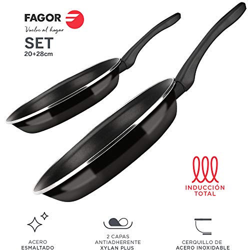 Fagor SARTEN OPTIMAX. Sartén Antiadherente Doble Capa, Acero esmaltado de 1,5mm de Espesor, Compatible con Toda Clase Cocina, inducción, cerquillo de Acero. Apta lavavajillas (SARTEN, 20+28)