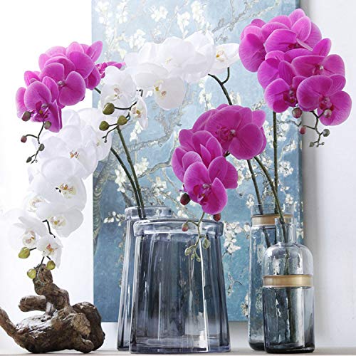 FagusHome 32" Flores Artificiales de Phalaenopsis de 3 Piezas con 2 Paquetes de Hojas Flores Artificiales de orquídeas Plantas Madre para la decoración del hogar (Púrpura)