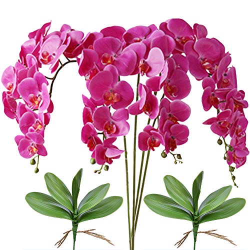 FagusHome 32 Pulgadas de Flores Artificiales de Phalaenopsis 4 Piezas con 2 Paquetes de Hojas de Flores de orquídeas Artificiales Plantas de Tallo para la decoración del hogar (Púrpura)