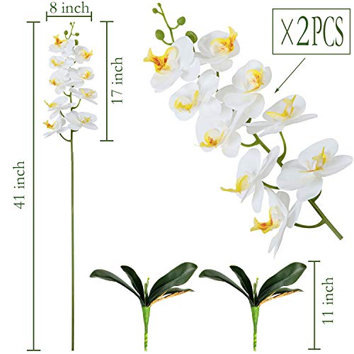 FagusHome Flores de Phalaenopsis de Seda Artificial de 41"2 Piezas con 2 Paquetes de Hojas Flores de orquídeas Artificiales Tallo Plantas en Flores Blancas Falsas para decoración (2)