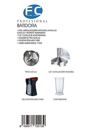 Family Care Batidora de mano, Eje y cuchillas de acero inoxidable, vaso medidor, velocidad gradual y turbo, 700 W, color negro