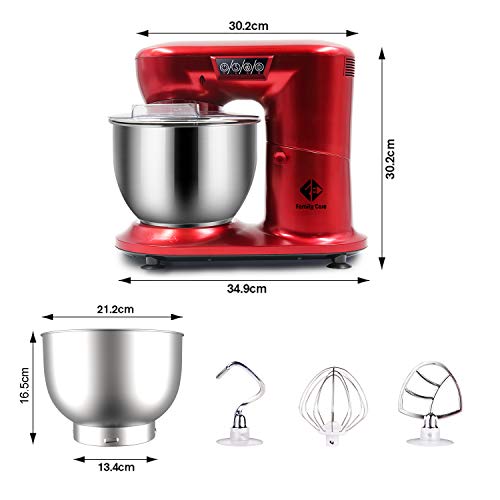 Family Care Robot de Cocina Batidora Amasadora Repostería de 1000 W Potencia. Bol 4.5L Acero Inoxidable. 3 Accesorios. Color Rojo