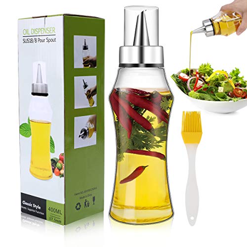 Familybox Aceitera Botella Antigoteo 400ML, Vinagre Botella de Aceite Oliva Cristal Dispensador con Pico de Acero Inoxi y Cepillo Aceite de Oliva para Cocinar Ensalada BBQ