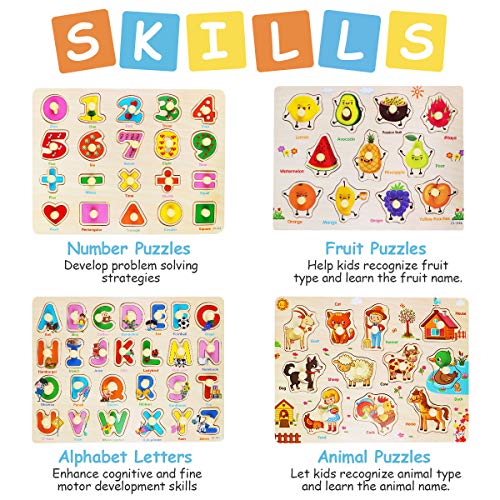 FancyWhoop Rompecabezas de Madera Puzzle Clavijas Puzzles Conjunto de 4 Alfabeto, Número, Animales y Fruta Puzzles para niños pequeños Juguete Educativo de Multicolor para Aprendizaje