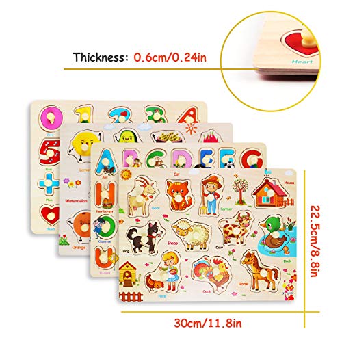 FancyWhoop Rompecabezas de Madera Puzzle Clavijas Puzzles Conjunto de 4 Alfabeto, Número, Animales y Fruta Puzzles para niños pequeños Juguete Educativo de Multicolor para Aprendizaje
