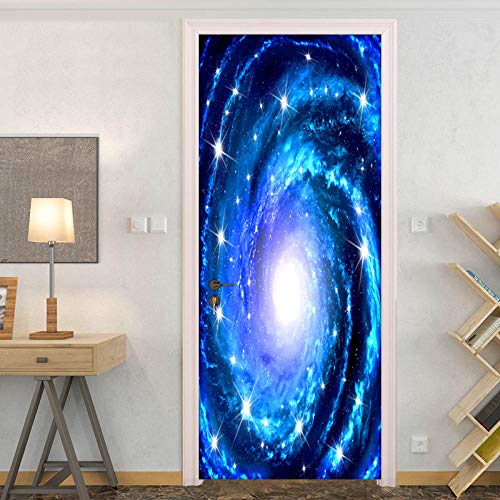 Fantxzcy Etiqueta De La Puerta 3D Mural De La Puerta Azul Universo Vía Láctea 77X200Cm Impermeable Baño Puerta Arte Pegatinas Para Sala Puertas Decoración Calcomanías Navidad