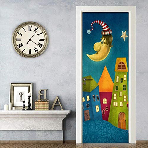 FCFLXJ Autoadhesivo Papel pintado de la puerta Estrellas lunares Cartel de la puerta 3D Bricolaje Etiqueta de la puerta Foto Fondo de pantalla HD Imprimir Oficina Inicio Dormitorio Decor 80X200CM