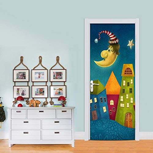 FCFLXJ Autoadhesivo Papel pintado de la puerta Estrellas lunares Cartel de la puerta 3D Bricolaje Etiqueta de la puerta Foto Fondo de pantalla HD Imprimir Oficina Inicio Dormitorio Decor 80X200CM