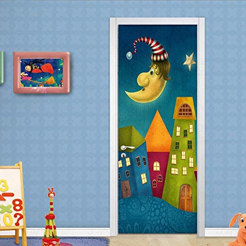 FCFLXJ Autoadhesivo Papel pintado de la puerta Estrellas lunares Cartel de la puerta 3D Bricolaje Etiqueta de la puerta Foto Fondo de pantalla HD Imprimir Oficina Inicio Dormitorio Decor 80X200CM