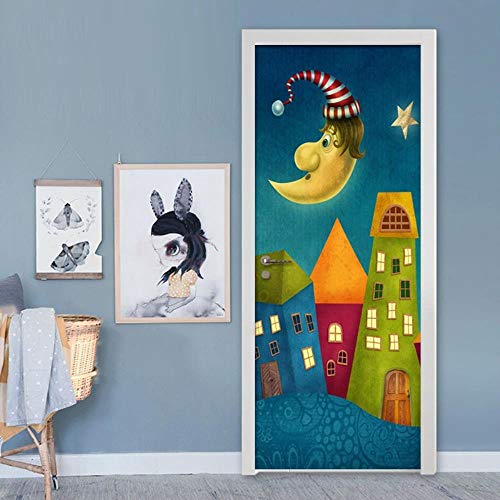 FCFLXJ Autoadhesivo Papel pintado de la puerta Estrellas lunares Cartel de la puerta 3D Bricolaje Etiqueta de la puerta Foto Fondo de pantalla HD Imprimir Oficina Inicio Dormitorio Decor 80X200CM