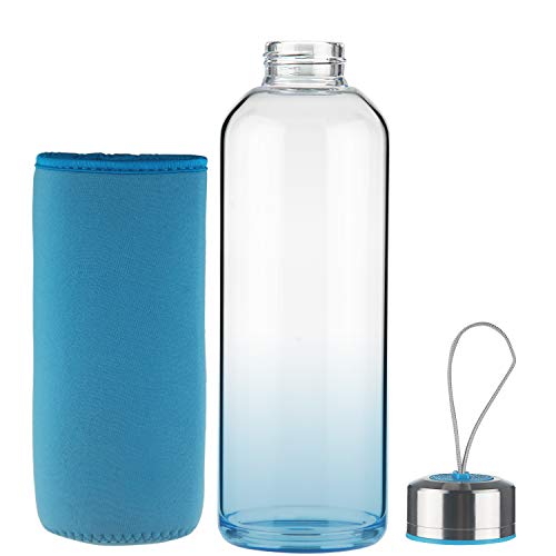 FCSDETAIL Botella de Agua de Cristal, Botella de Agua de Vidrio de Borosilicato con Funda de Neopreno con Tapa de Acero Inoxidable 550ml