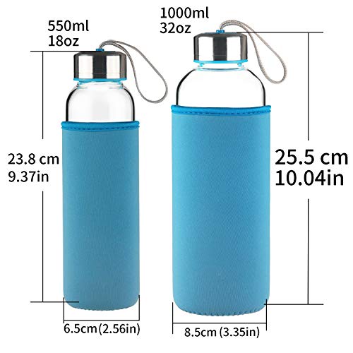 FCSDETAIL Botella de Agua de Cristal, Botella de Agua de Vidrio de Borosilicato con Funda de Neopreno con Tapa de Acero Inoxidable 550ml