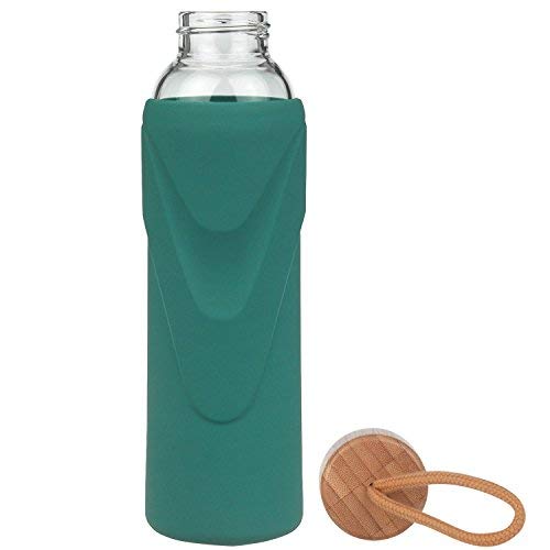 FCSDETAIL Botella de Agua de Cristal sin BPA, Botella de Agua de Vidrio de Borosilicato con Funda de Silicona con Tapa de Bambú 420ml / 660ml / 1000ml