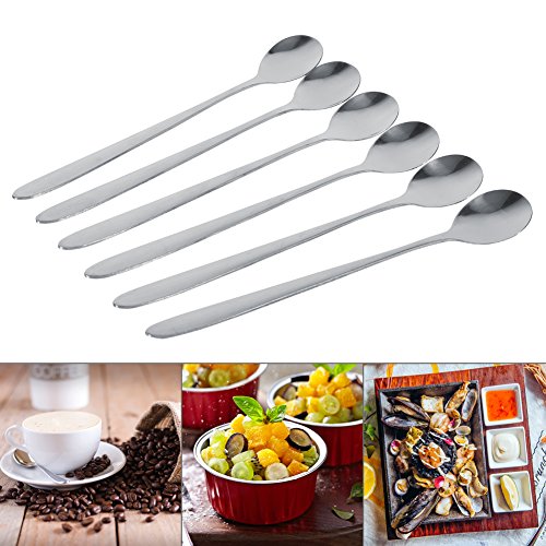 Fdit 6pcs Cuchara de Acero Inoxidable de Mango Largo Leche Ice Cream Café Sopa para Cena de Cocina Casera Socialme-EU