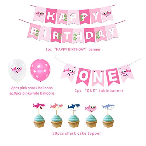Feliz cumpleaños decoraciones, Kits de suministros para fiestas de tiburones con pancarta de feliz cumpleaños, 20 primeros de la torta, 18 globos de cumpleaños, 1 UNA letra Estandarte para Niños Niña