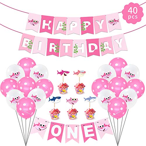Feliz cumpleaños decoraciones, Kits de suministros para fiestas de tiburones con pancarta de feliz cumpleaños, 20 primeros de la torta, 18 globos de cumpleaños, 1 UNA letra Estandarte para Niños Niña