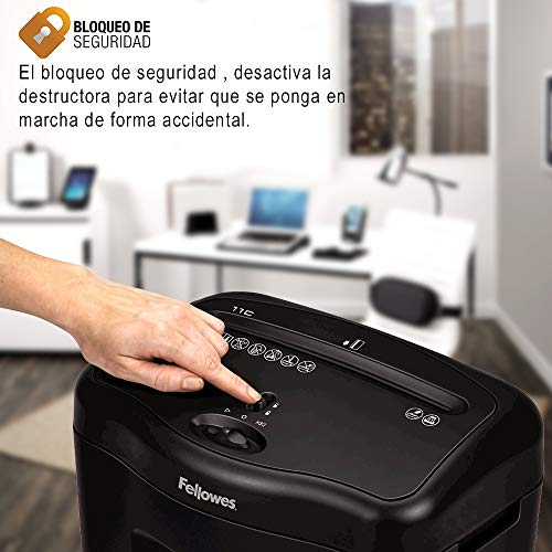 Fellowes 11C - Destructora trituradora de papel, corte en partículas, destruye hasta 11 hojas, uso personal, tritura tarjetas de crédito, color negro